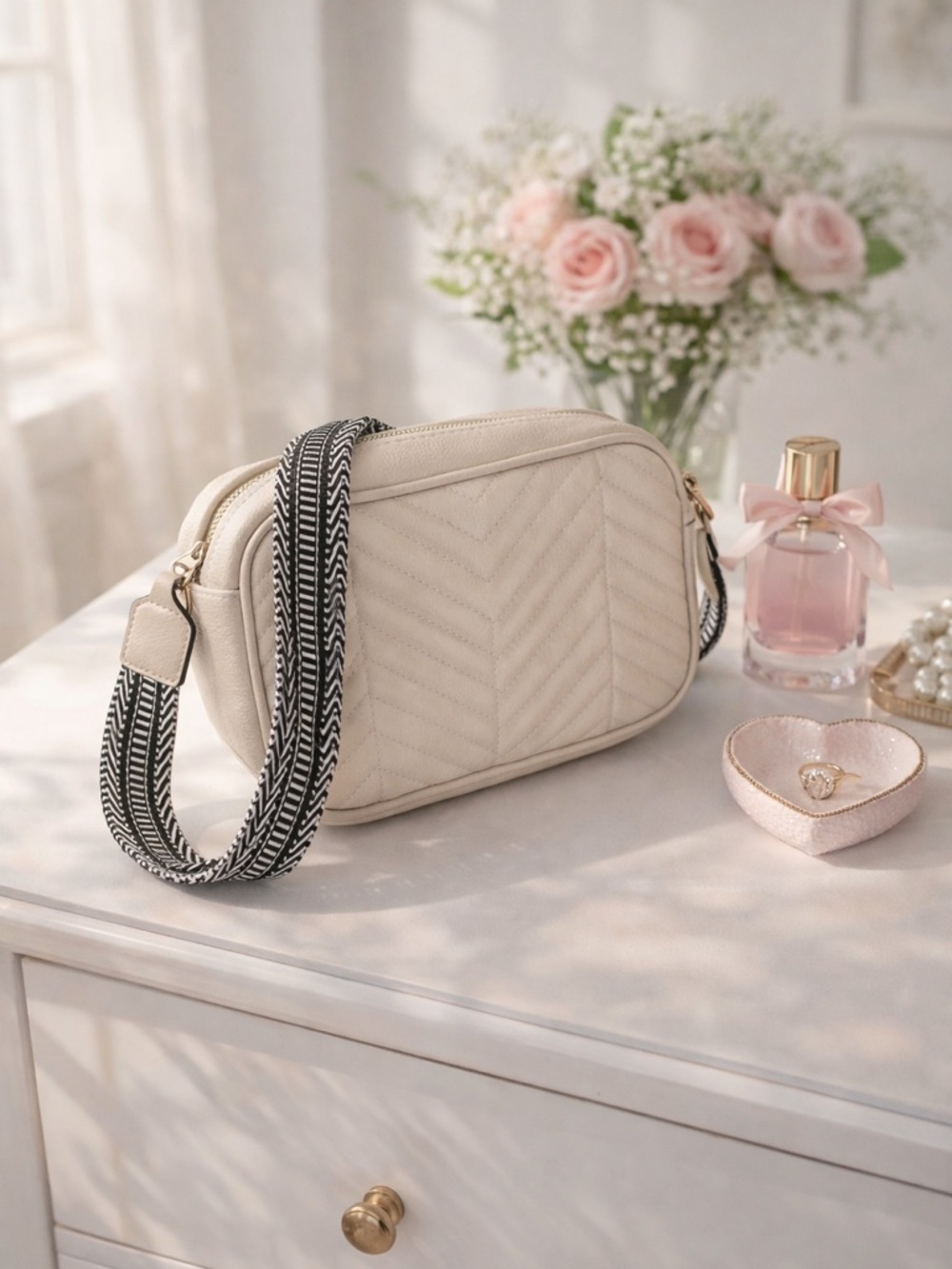 Cream Quilted Crossbody Bag Neutral Everyday Camera Bag Chic Minimal